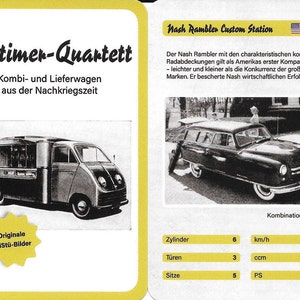 Quartett Auto Kombi- und Lieferwagen aus der Nachkriegszeit mit Original Wistü Sammelbildern