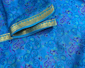 Vintage Blue Silk Saree: Recycled Indian Fabric for Crafting