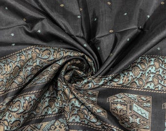 Vintage Printed Silk Saree Fabric: Black Boho Sewing, Quilting (5 Yards x 42 Inches)