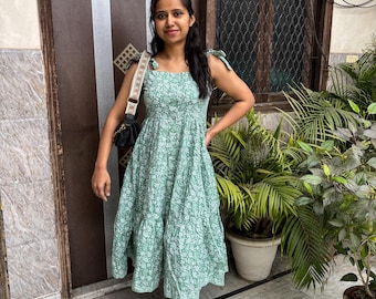 Robe longue bohème en coton, col carré, robe sans manches