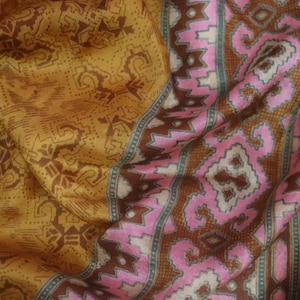 Yellow Printed Silk Sari, Silk Curtain, 5 Yard Recycle Silk Saree, Cover up, Dress Making Fabric, Silk Wrap Drape, Crafting Fabric SS1195