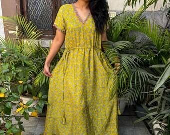 Yellow Printed Silk Maxi Dress, Boho Summer Dress with Pockets MAX1001