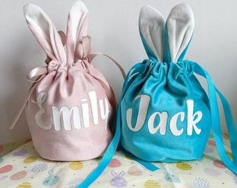 Easter bunny treat bags, plush rabbit gift bags, velvet drawstring bags with ears,