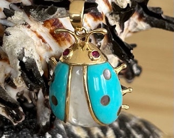 vintage ladybug pendant in 14k yellow gold, mother-of-pearl, larimar, ruby