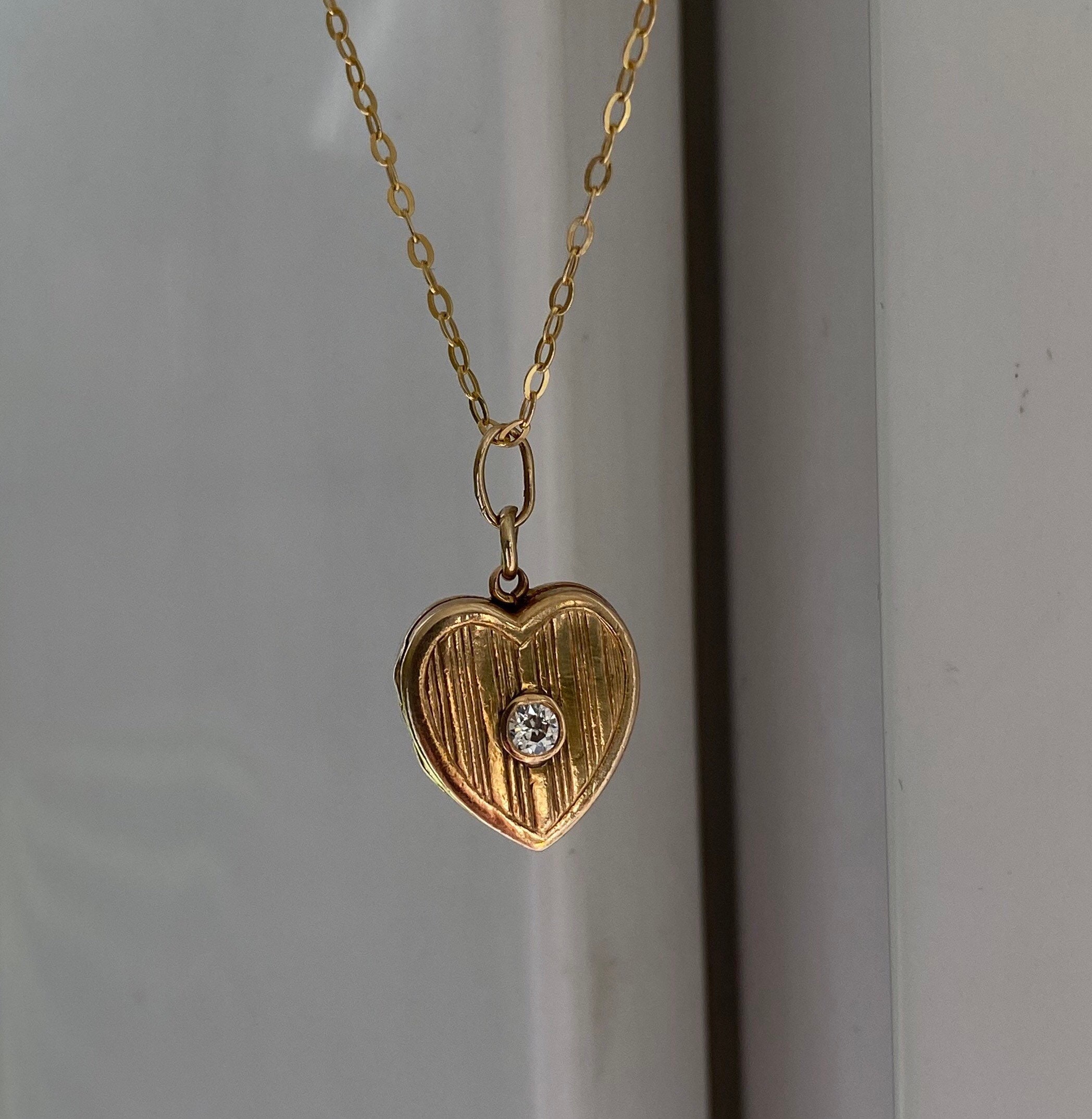 Heart necklace that opens in yellow gold set with a natural Etsy