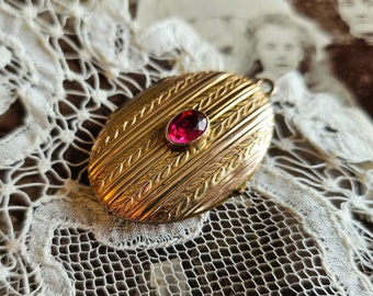 Antique Edwardian-1920s Pink Magenta Paste/ Faux Ruby Gilt Locket, July Birthstone Antique Gift, Early 20th Century Gold Tone Floral Pendant