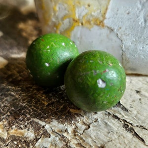 Pair of Antique 19th Century Painted Clay Marbles, Paris/ Schloss/ Schiele&#39;s/ Arsenic Green Marbles, Victorian Game Toy, Collectable Marbles