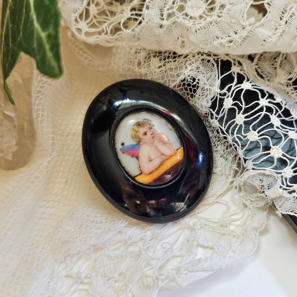 Antique Victorian Black Whitby Jet Brooch, Painted Porcelain Inset Cherub/ Angle/ Baby Plaque, Old Portrait Jewellery, Mourning Jewellery