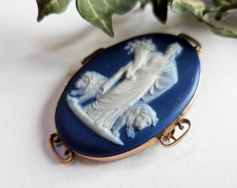 Large Antique 9ct 375 Solid Gold Wedgewood Brooch, Cobalt Blue Oval Cameo, Yellow Gold Frame, Greek Mythology Brooch, Cybele, Cornucopia Pin