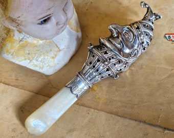 Antique English Sterling Silver & Mother of Pearl Punch/ Jester/ Clown Baby Rattle, Assayed Birmingham d.1903, 'As Found' Condition, Old Toy