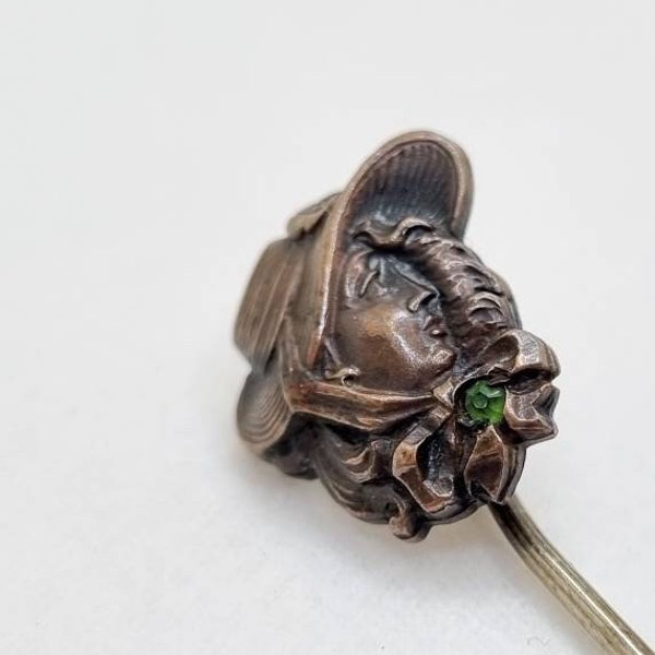 Antique Early Edwardian Bronze Tie/ Lapel/ Stick Pin, Lady in Profile Relief With Green Paste Stone, c.1910s, Possible Button Conversion