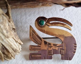 A Peruvian Possible 'Graziella Laffi' Silver Pelican Brooch Aztec Style, Sterling Silver Green Eye Turquoise Bird Pin, 18ct Rose Gold Plated