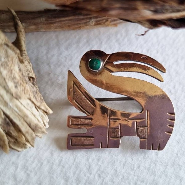 A Peruvian Possible 'Graziella Laffi' Silver Pelican Brooch Aztec Style, Sterling Silver Green Eye Turquoise Bird Pin, 18ct Rose Gold Plated