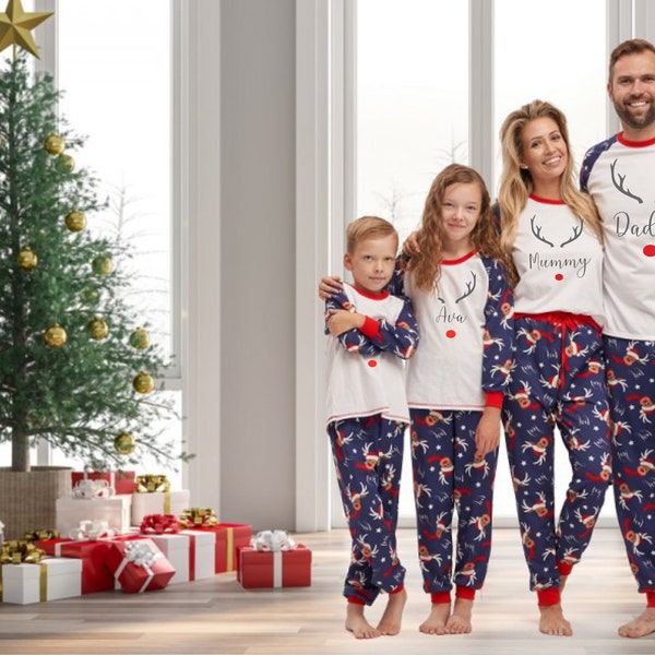 Personalised Reindeer Christmas Pyjamas, Matching family Pyjamas, Christmas Eve, Mum/Dad/Toddler / Baby outfit, Reindeer antlers, Custom PJ