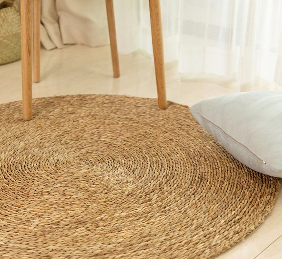 Grass Style Rug Plain Hand Woven Seagrass Round Rug | Rustic Style Natural Brown Straw ...