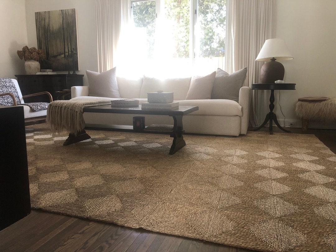 Hand Woven Seagrass Area Rug, Vintage Handmade Natural Straw Rug Rush