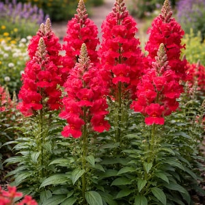 Op de afbeelding: Een levendige tuinscène met hoge, rode leeuwenbekbloemen in volle bloei. De bloemen hebben een dichte, verticale structuur met een textuur, omringd door weelderig groen blad. Andere kleurrijke bloemen zijn zichtbaar op de achtergrond.