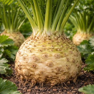 Könnte beinhalten: Nahaufnahme einer frischen Knollensellerie-Pflanze, die im Boden wächst. Das knollenförmige Wurzelgemüse ist beige mit einer strukturierten Oberfläche und kleinen Wurzeln. Grüne Stiele und Blätter sprießen von oben. Weitere Knollensellerie-Pflanzen sind im Hintergrund.