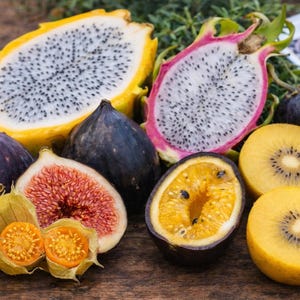 Kolekcja nasion owoców egzotycznych - 60 nasion 5 odmian Figa Marakuja Miechunka Smoczy owoc Żółte kiwi.