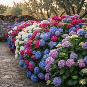 Może przedstawiać: Rząd kwitnących krzewów hortensji, prezentujących różnorodność kolorów: różowy, niebieski, fioletowy i biały. Kwiaty wyróżniają się na tle zielonych liści, z kamiennym murem i drzewami w tle. Piękny pokaz kolorów natury.