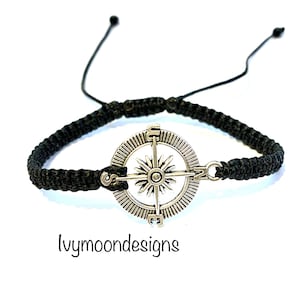 Compass bracelet-Mens compass bracelet-Black bracelet-Nautical compass bracelet-Around the world-Create memories-Gift for him-Handmade-UK
