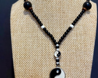 Yin Yang Rosary Necklace: Handmade Beaded Tai Chi Symbol, 23"