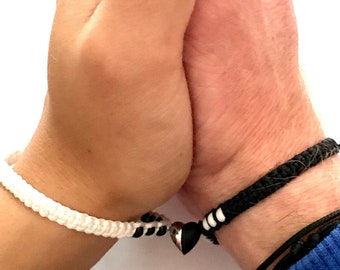 Heart magnetic bracelet-Yin and yang bracelet-Black and white-Couple bracelet-Matching magnetic heart bracelets-Long distance bracelet-2pcs