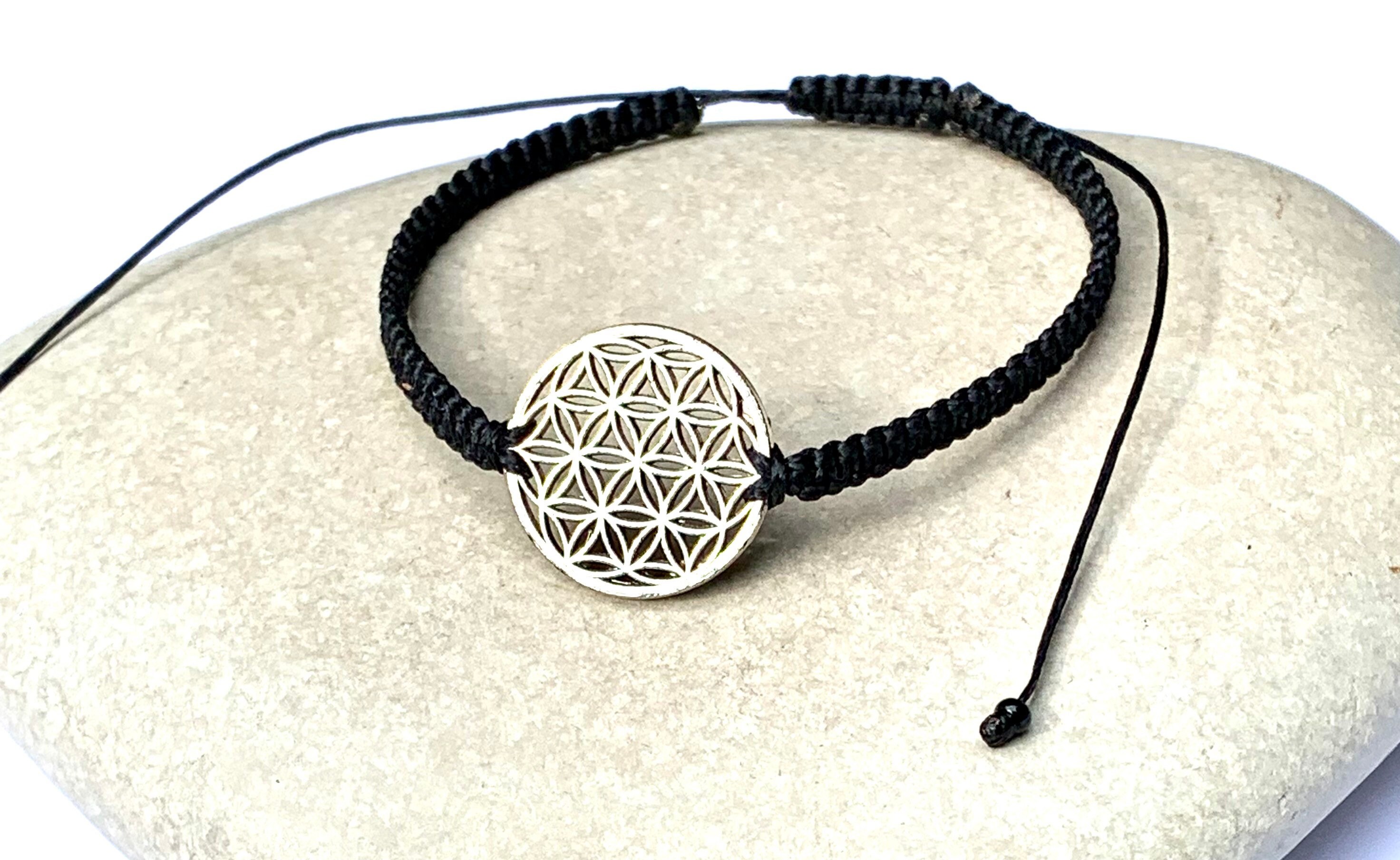 Bracciale Donna Uomo Fiore Della Vita Regolabile Intrecciato A Mano Con Ciondolo In Acciaio Inox Sacchetto Velluto