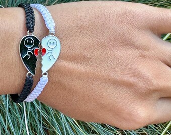 Yin Yang Heart Bracelet Set: Enamel Charm, Matching Couple Jewelry