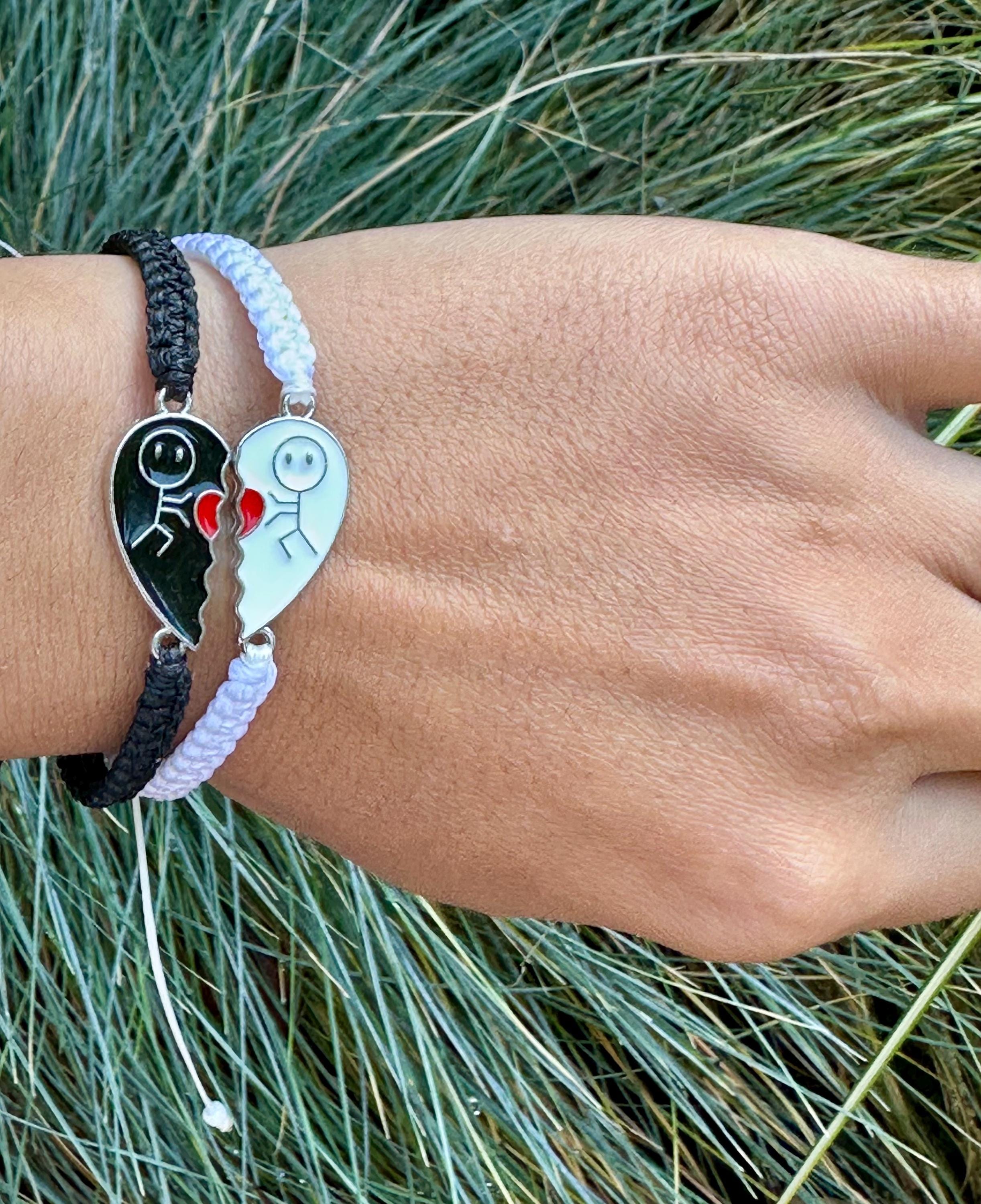 Yin Yang Heart Bracelet Set: Enamel Charm, Matching Couple Jewelry