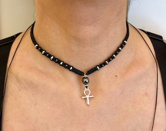 Ankh cross choker-Black choker-Handmade jewellery-Hematite chocker-Egyptian Symbol jewellery-Gothic jewellery-Ankh choker-Braided choker