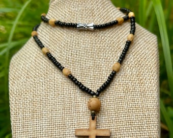 Wooden necklace-Cross wooden necklace-Beaded necklace-Mens necklace-Prayer-Handmade-Black and beige necklace-Handmade jewellery-Uk