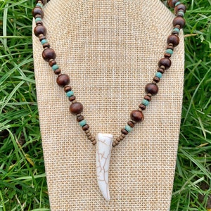 Handmade necklace-Howlite tiger tooth necklace-Wooden necklace-Mens necklace-Bohemian necklace-Gemstone-Beaded necklace-Tiger tooth necklace