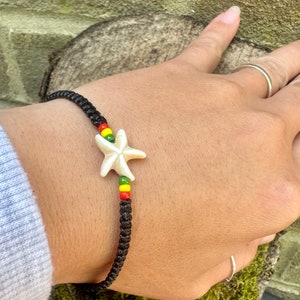 Starfish bracelet-Reggae bracelet-Black string bracelet-Stone star fish bracelet-Bracelet for men-Rastaman-Rastafarian-Handmade-Rasta-Uk image 8