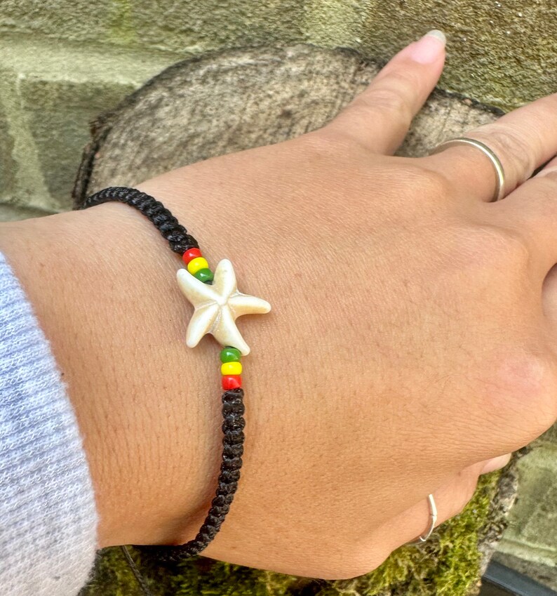 Starfish bracelet-Reggae bracelet-Black string bracelet-Stone star fish bracelet-Bracelet for men-Rastaman-Rastafarian-Handmade-Rasta-Uk image 8