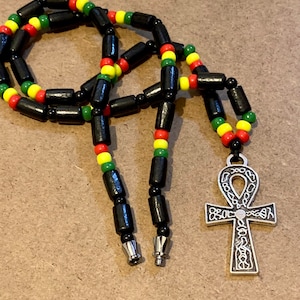 Handmade necklace-Reggae necklace-Ankh cross necklace-Black necklace-Mens necklace-Wooden necklace-Rastafarian necklace-Egyptian ankh cross