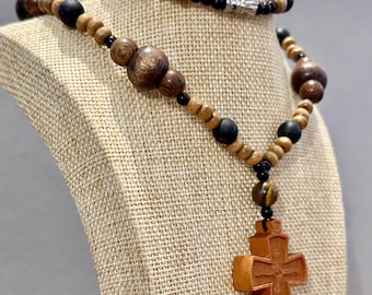 Hand Carved Wooden Cross Necklace-Rosary style necklace-Beaded necklace-Chunky wooden cross necklace-Christian jewellery-Mens necklace-23”