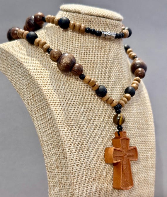 Hand Carved Wooden Cross Necklace-rosary Style Necklace-beaded 