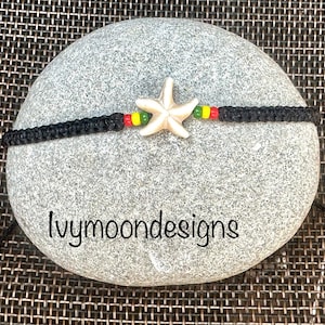Starfish bracelet-Reggae bracelet-Black string bracelet-Stone star fish bracelet-Bracelet for men-Rastaman-Rastafarian-Handmade-Rasta-Uk