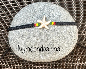 Bracelet étoile de mer-Bracelet reggae-Bracelet ficelle noire-Bracelet étoile de mer en pierre-Bracelet pour homme-Rastaman-Rastafari-Fait main-Rasta-Royaume-Uni