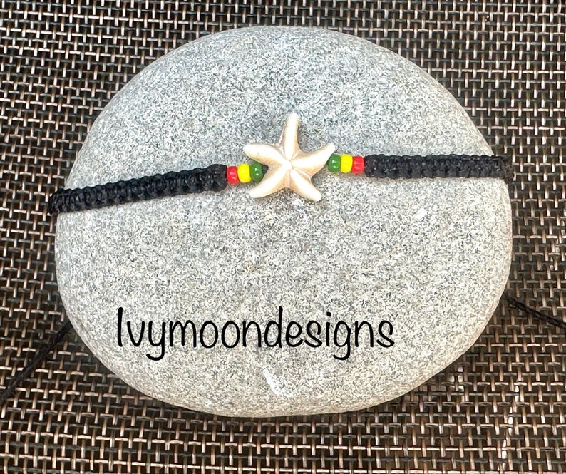 Starfish bracelet-Reggae bracelet-Black string bracelet-Stone star fish bracelet-Bracelet for men-Rastaman-Rastafarian-Handmade-Rasta-Uk image 1