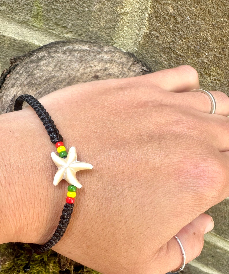 Starfish bracelet-Reggae bracelet-Black string bracelet-Stone star fish bracelet-Bracelet for men-Rastaman-Rastafarian-Handmade-Rasta-Uk image 2