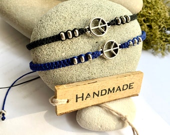 Mens bracelet-Peace bracelet-Peace symbol charm -Peace sign bracelet-Unisex-Black bracelet-Blue bracelet-Braided bracelet-Hippie bracelet