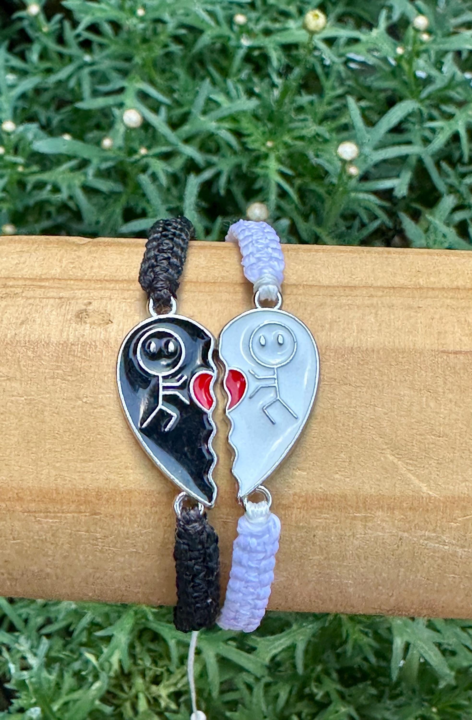 Yin Yang Heart Bracelet Set: Enamel Charm, Matching Couple Jewelry