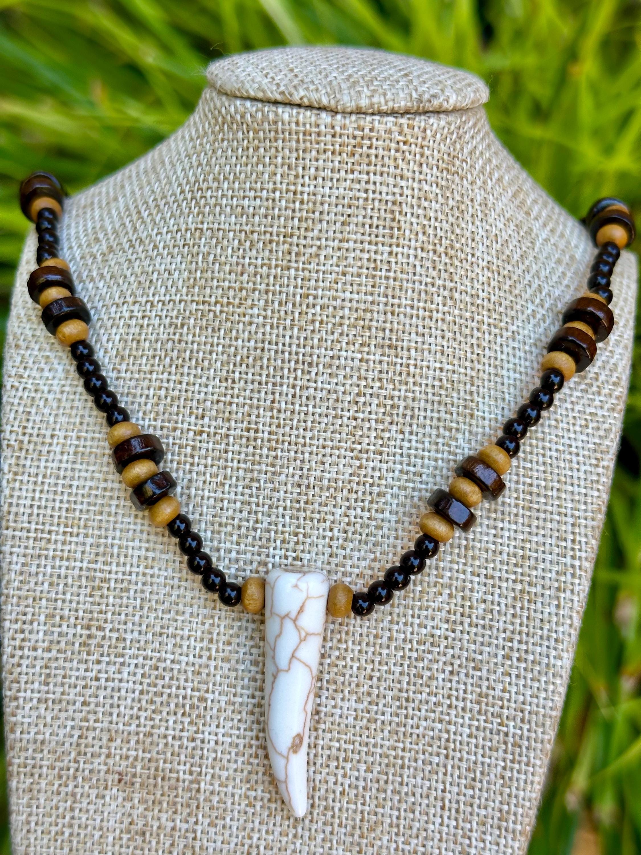 Wooden Bead Necklace With Howlite Tiger Tooth Pendant - Etsy