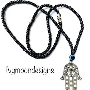 Beaded necklace-Black necklace-Hamsa hand necklace-Evil eye-Kabbalah necklace-Judaica Symbols-Glass beads necklace-Man-Women-Prayer-Yoga-Uk