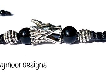 Wolf bracelet-Wolf head bracelet-Stainless Steel Wolf head and black onyx beads-Braided bracelet-Black bracelet-Bracelet for mens-Handmade