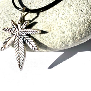 Peut inclure: Un collier avec un pendentif en forme de feuille de marijuana en argent sur un cordon en cuir noir.