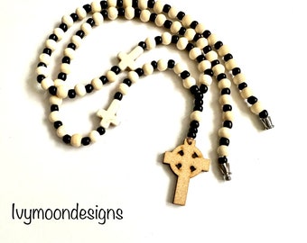 Rosary necklace-Wooden necklace-Wooden cross-Stone cross -Natural wooden beads necklace-Handmade necklace-Rosaries necklace-Uk