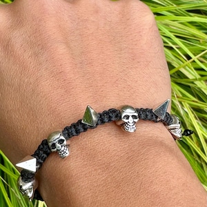 Skulls bracelet-Spikes bracelet-Halloween gift-Pyramid spikes bracelet-Heavy metal-Punk-Rock-grunge-gothic style-Skeletons bracelet-Emo-Goth